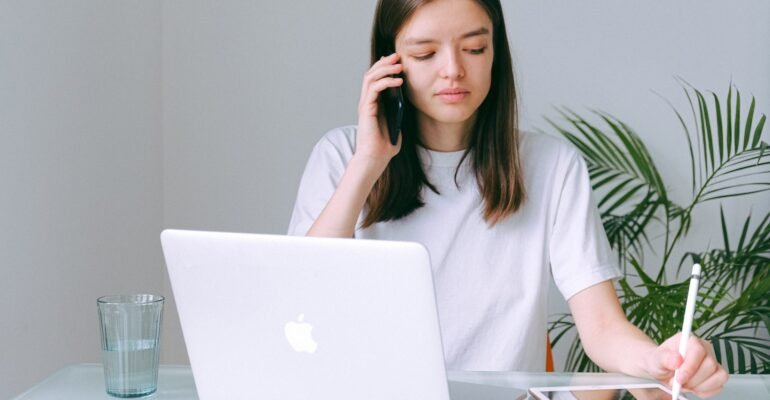 Photo by Anna Shvets: https://www.pexels.com/photo/woman-in-white-crew-neck-t-shirt-using-silver-macbook-3987034/